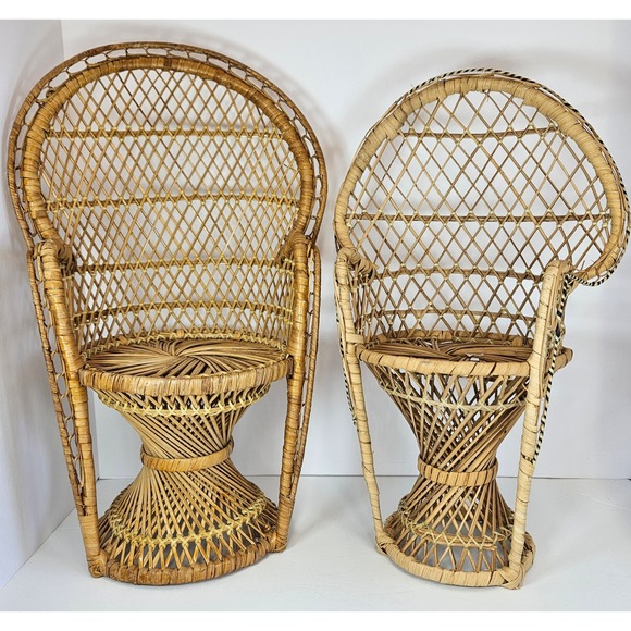 Vintage Set Of 2 Handmade Mini Rattan Peacock Doll Chairs/Plant Stands Wicker‎ - Picture 1 of 13
